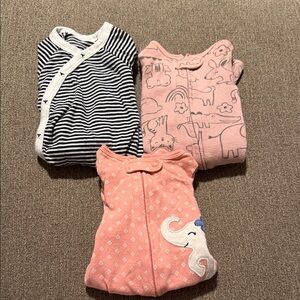 Set of Three Baby Newborn Sleepers - Striped and Pink